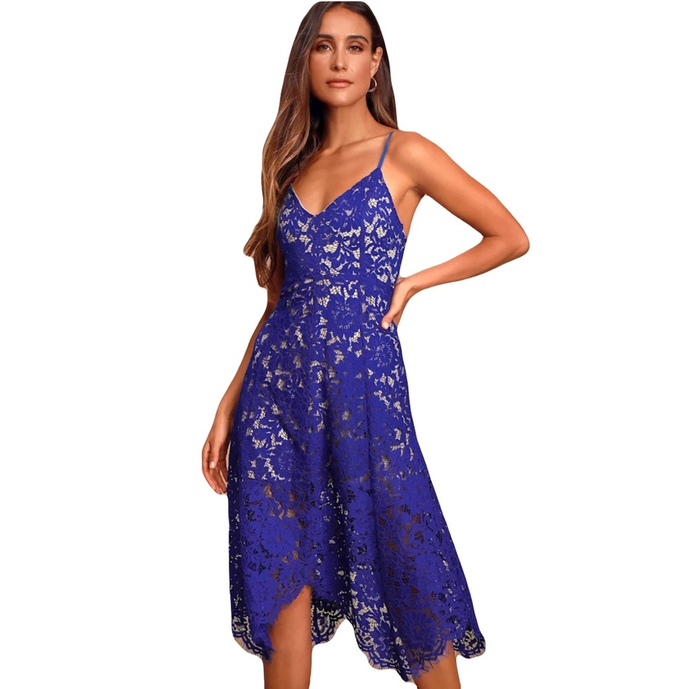 Lulus One‎ Wish Royal Blue Lace Midi Dress Small Formal Wedding Guest Cocktail